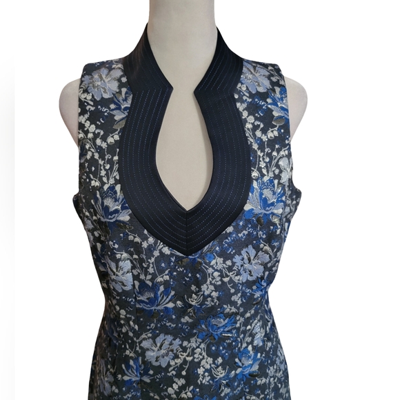 Badgley Mischka Size 8 Navy Blue Silver Floral Sheath Kurstin Dress w/ Pockets - Picture 3 of 12